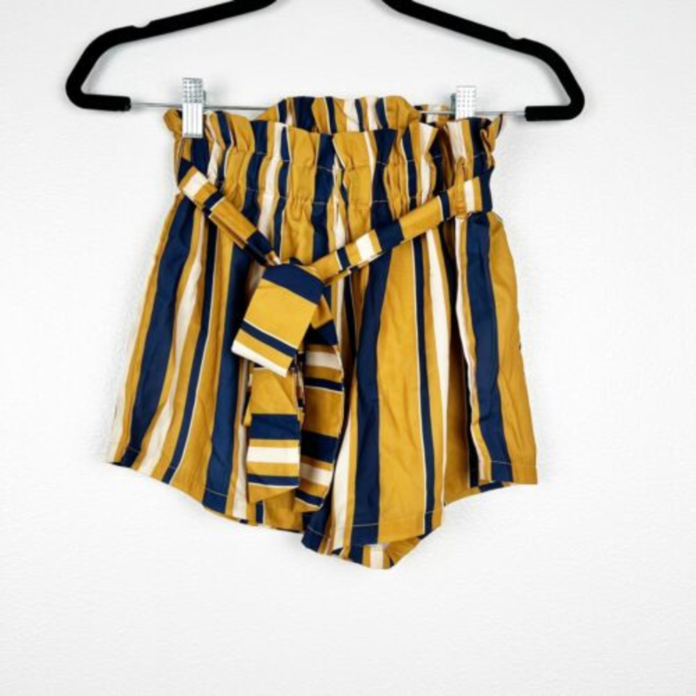 Shein Striped Paperbag Belted Shorts Yellow Bloue S